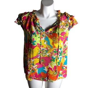 Rose Olive colorful tropical print semi sheer chiffon top Sz XL